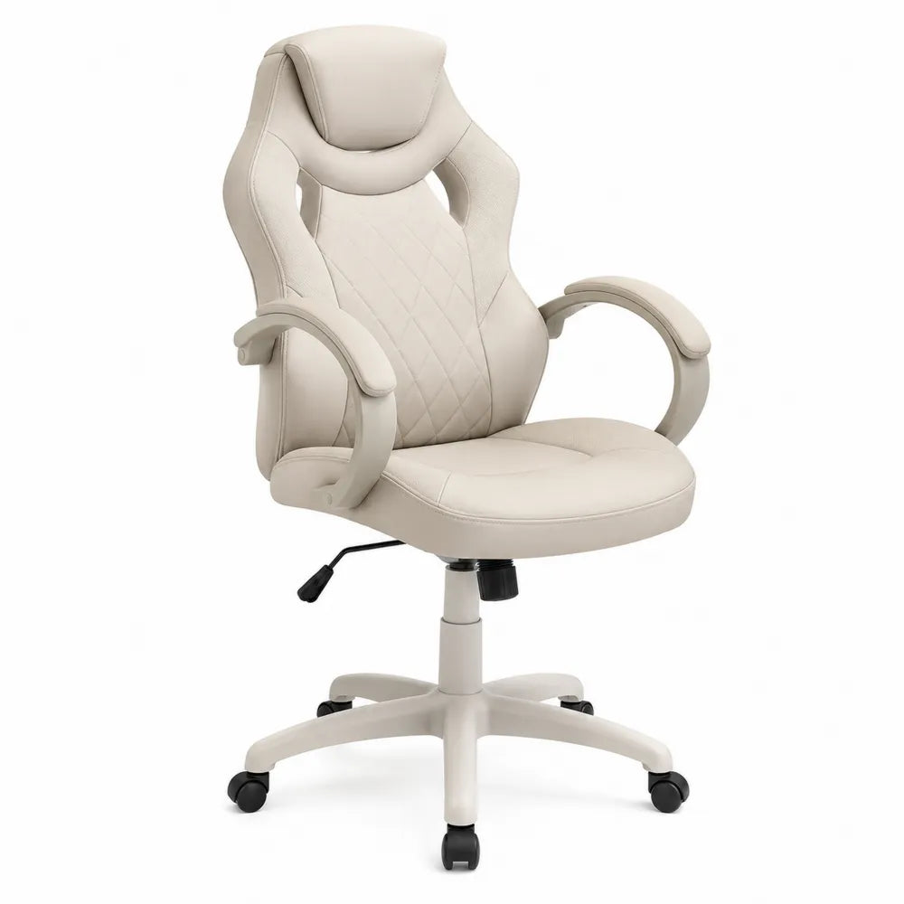 Beige Synthetic Leather Ergonomic Office Chair with Fixed Armrests