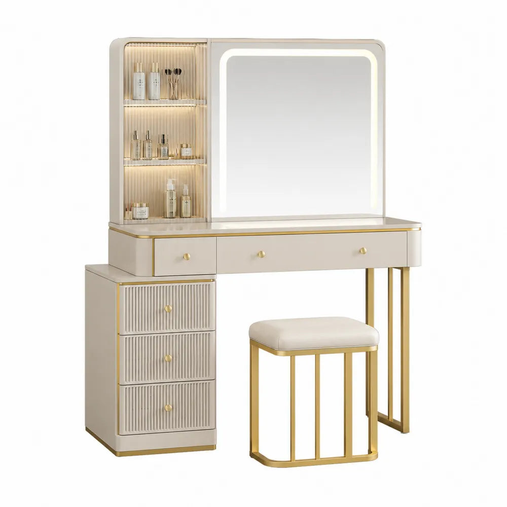 Vanity Set with LED Mirror Metal Frame Beige/Gold 140cm