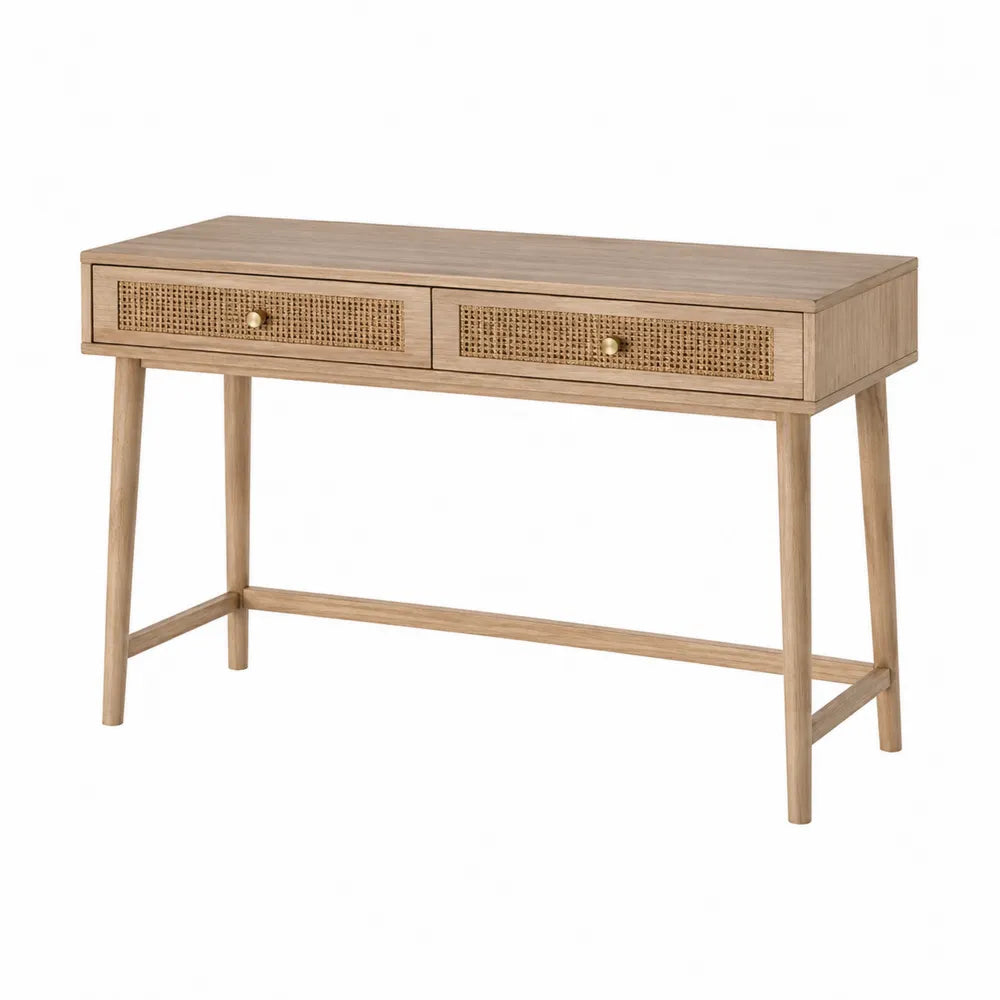 Rectangular Oak Desk with Rattan Drawer Fronts 120cm