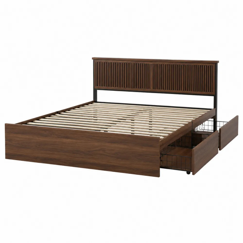 Wood Platform Bed with Metal Frame and Storage Drawers Brown 210cm x 160cm
