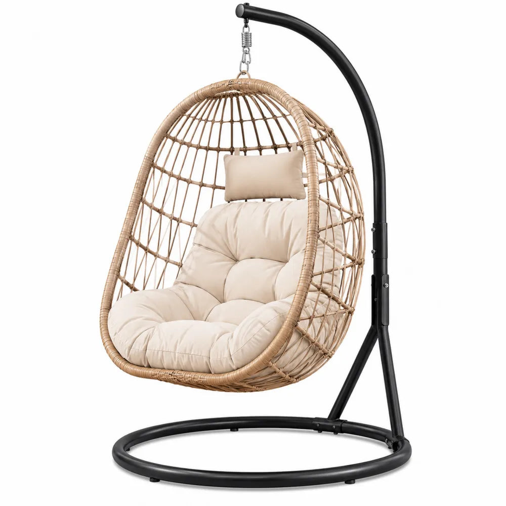 Hanging Egg Chair with Rattan and Steel in Beige