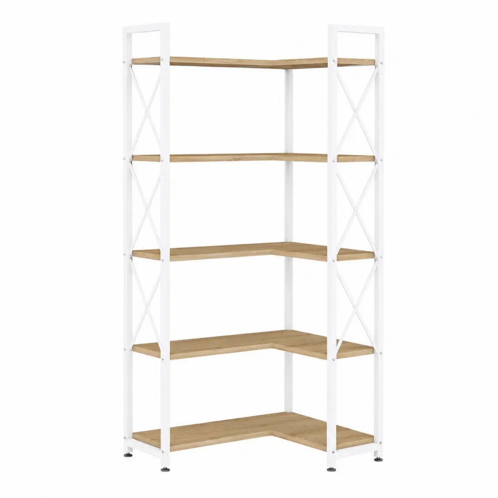 Corner Bookshelf 5-Tier Metal Frame MDF Oak White