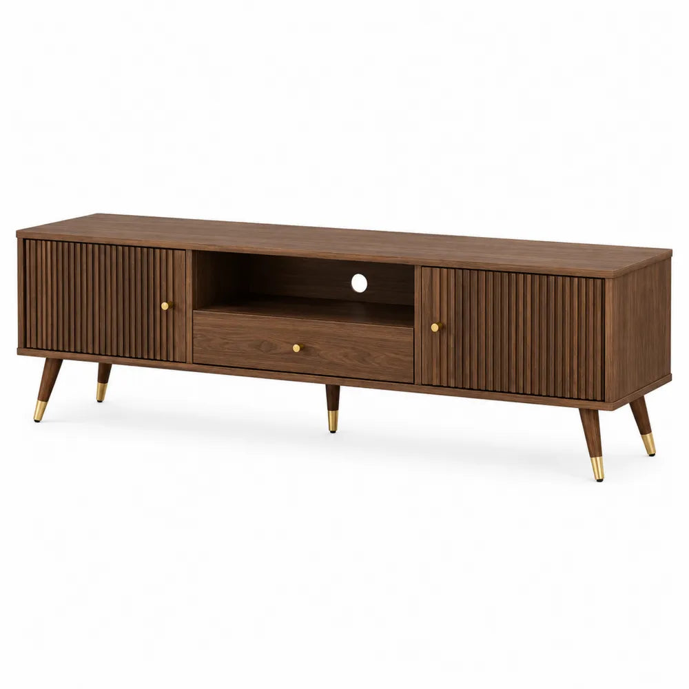 Rectangular Walnut Wood TV Stand with Cabinet Brown 180cm