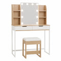Vanity Set with Lighted Mirror MDF Oak/White 2 Drawers and Stool