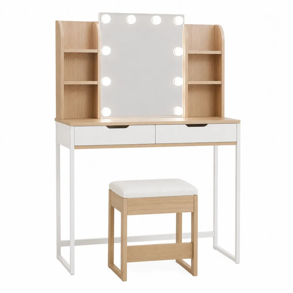 Vanity Set with Lighted Mirror MDF Oak/White 2 Drawers and Stool