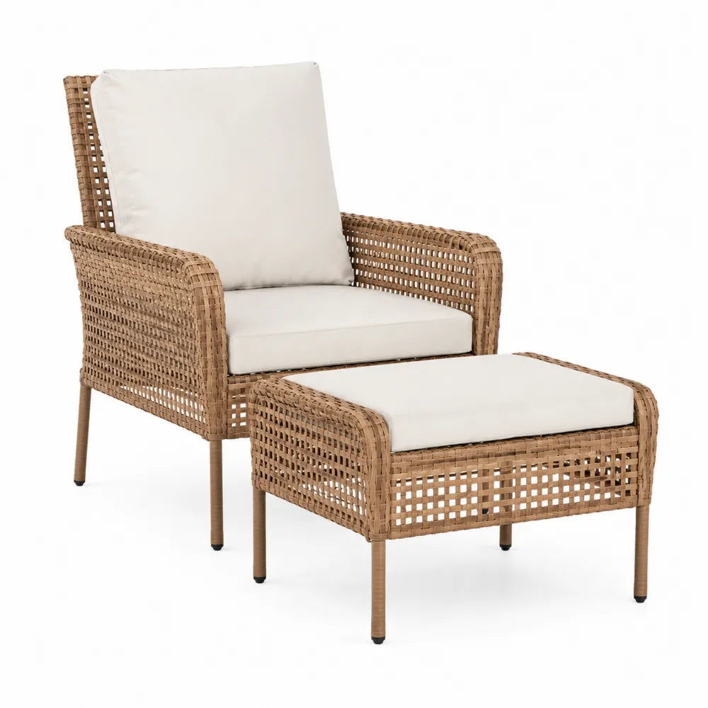 Outdoor Lounge Chair Set with Ottoman Rattan Frame Polyester Cushions