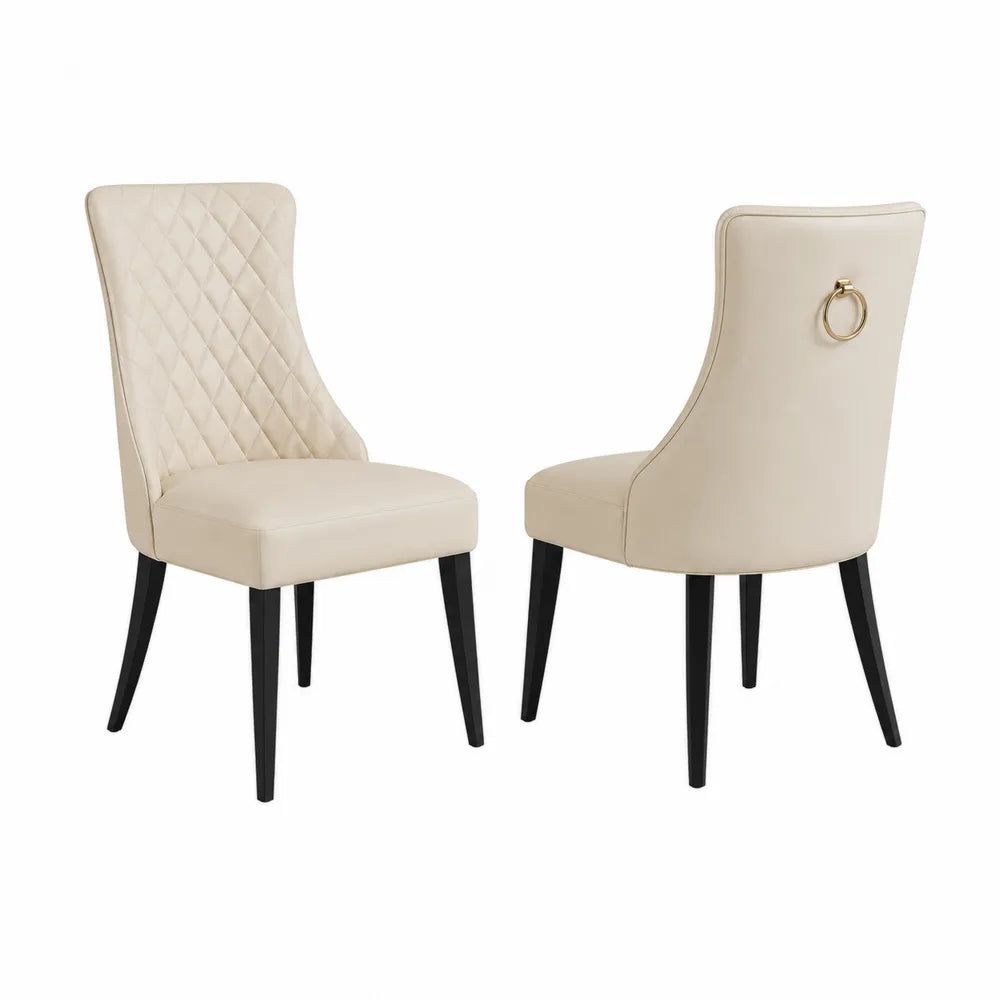Set of 2 Quilted PU Leather High Back Dining Chairs Beige