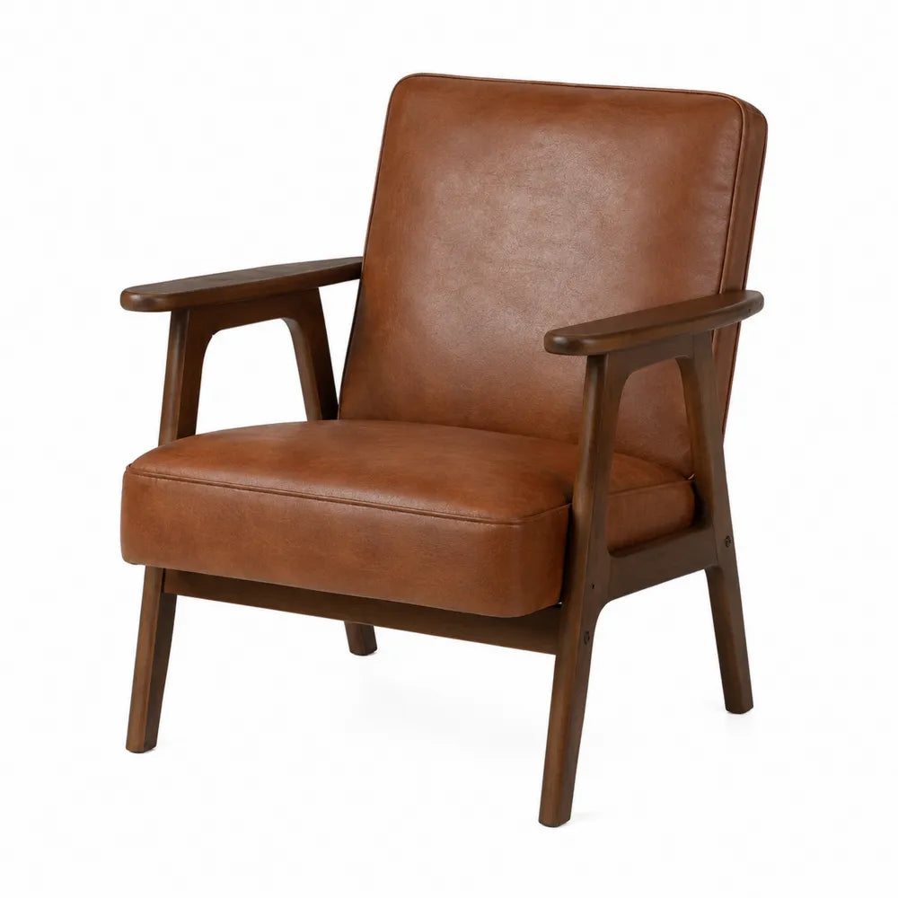 Brown Leather Armchair with Wooden Frame