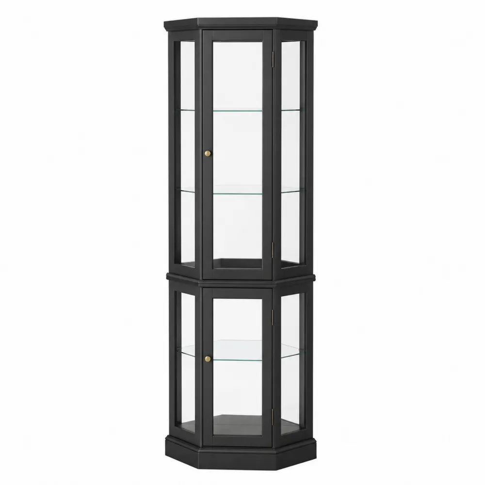 Hexagonal Black Wood Display Cabinet with Tempered Glass
