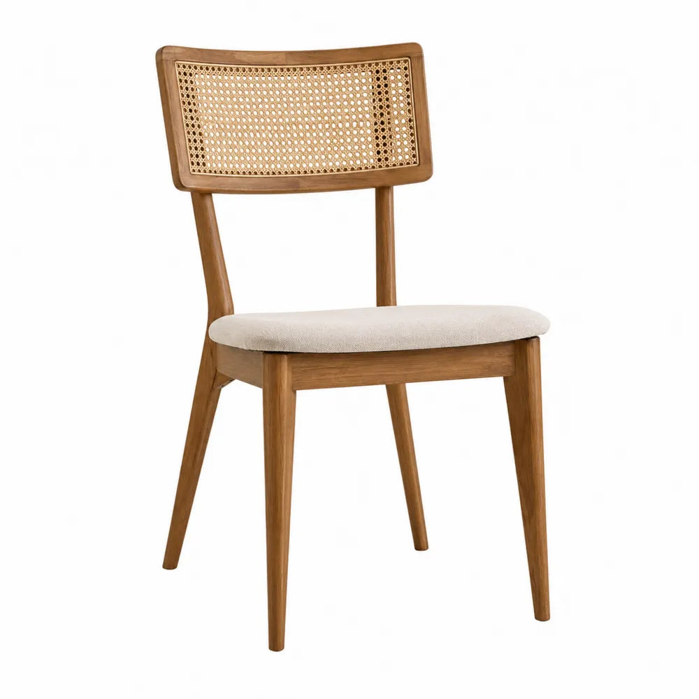 Dining Chair with Rattan Backrest Oak Wood Frame Beige Linen Fabric Seat