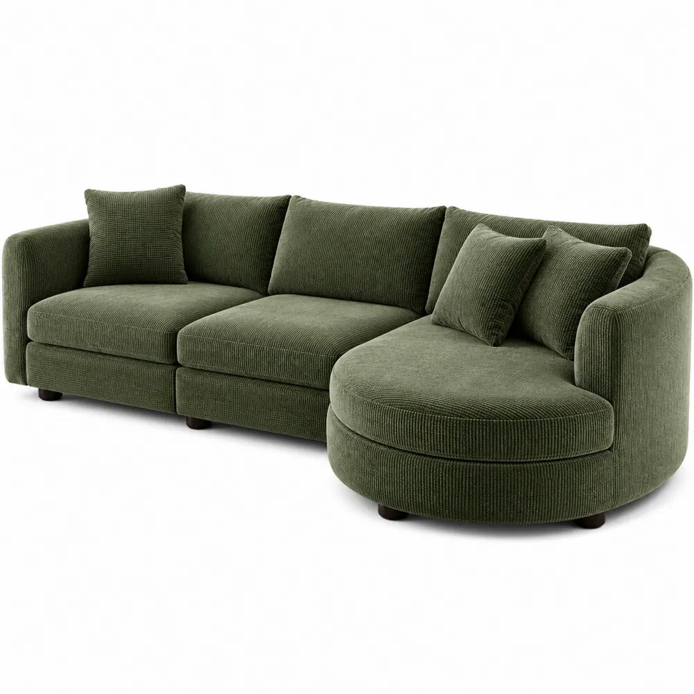 Green Corduroy Sectional Sofa with Foam Filling