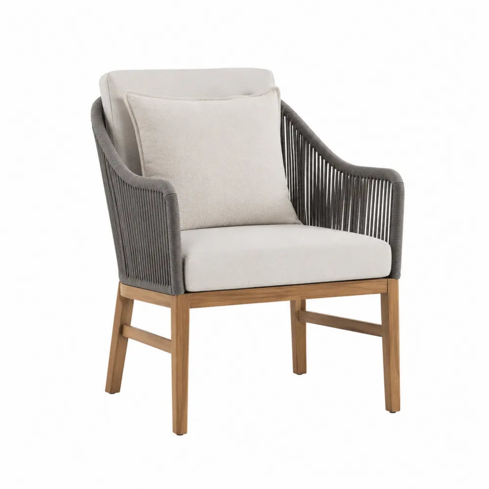 Outdoor Rope Woven Armchair with Teak Frame and Polyester Cushion Beige/Grey