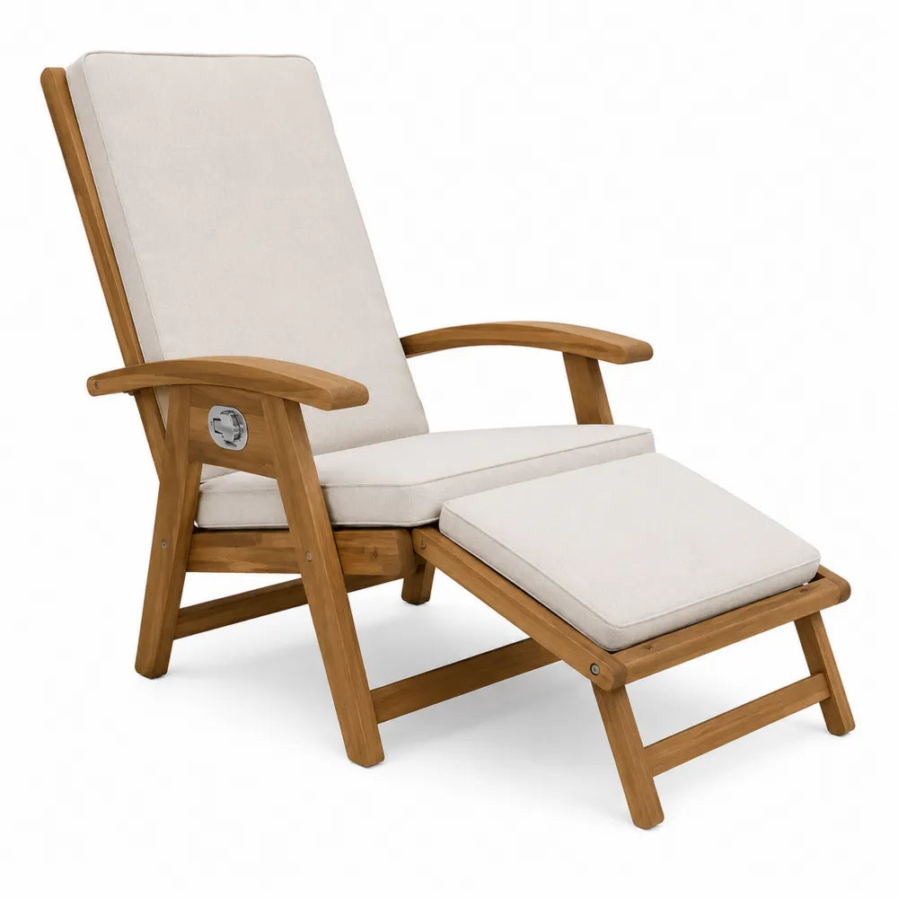 Teak Reclining Chair with Footrest and Cream Polyester Cushions