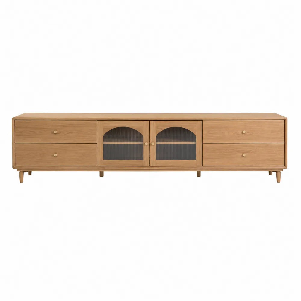 Long Wood TV Stand with Glass Doors and Drawers 180 cm
