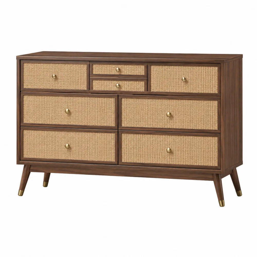 Wood and Cane Dresser with 7 Drawers in Walnut and Natural Cane
