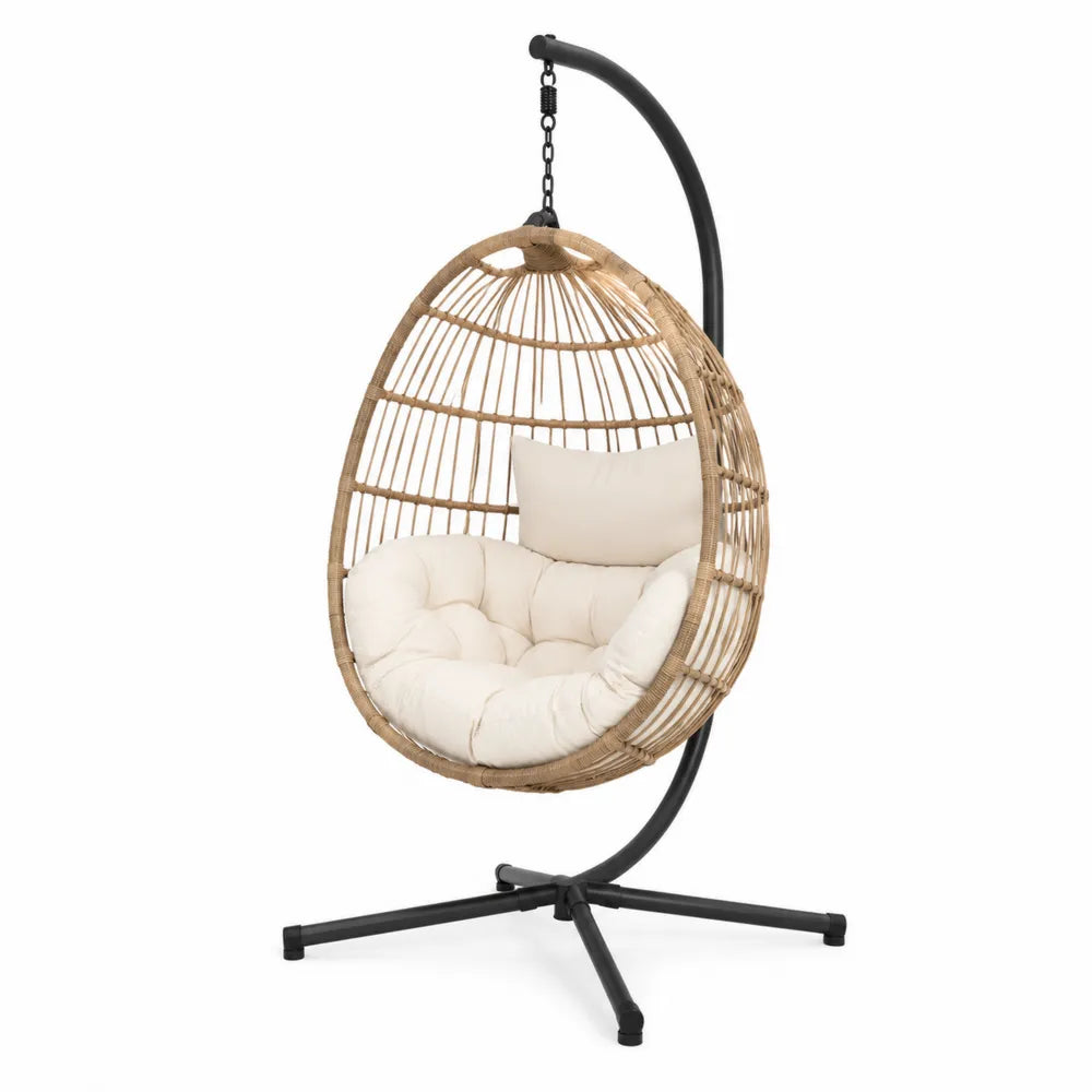 Rattan Hanging Egg Chair with Steel Frame and Beige Cushions