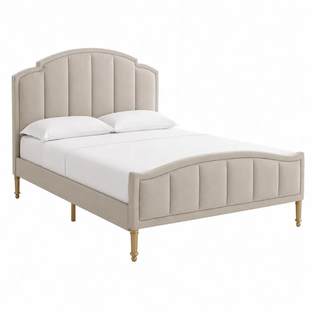 Velvet Upholstered Platform Bed with Metal Legs, Beige, Queen Size