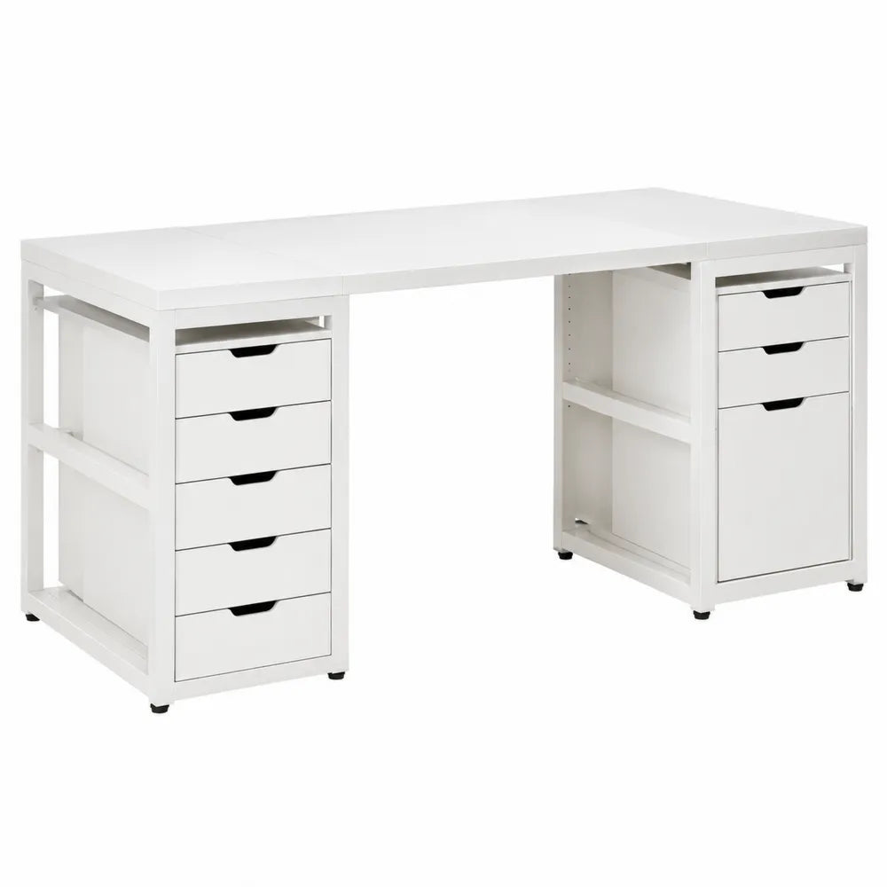 White Wood Office Desk with Drawers and Open Shelving 150cm x 60cm x 75cm