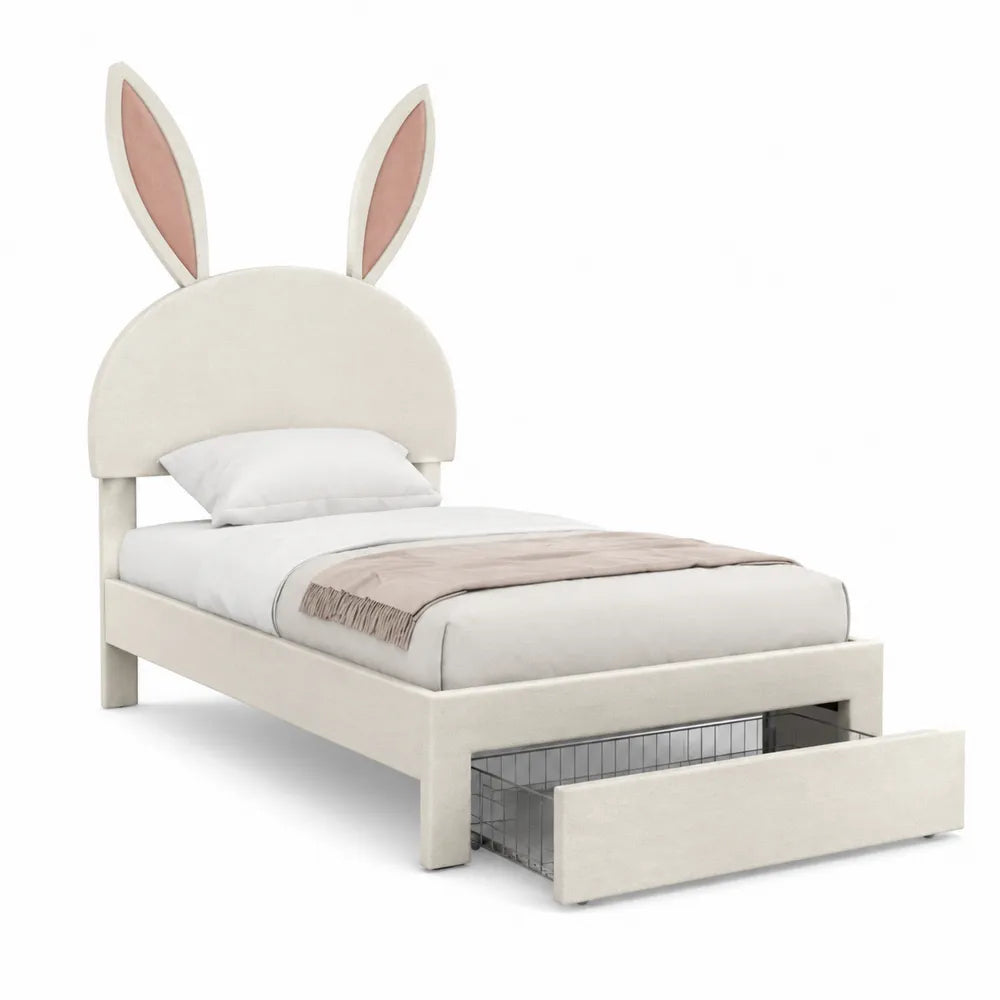 Kids Twin Bed with Bunny Ear Headboard and Storage Drawer Polyester White/Pink
