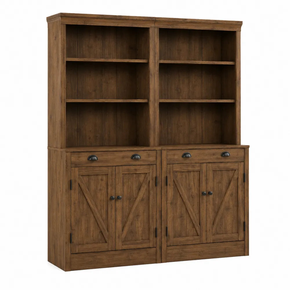 Rustic Double Bookcase with Cabinets Solid Pine Wood Brown