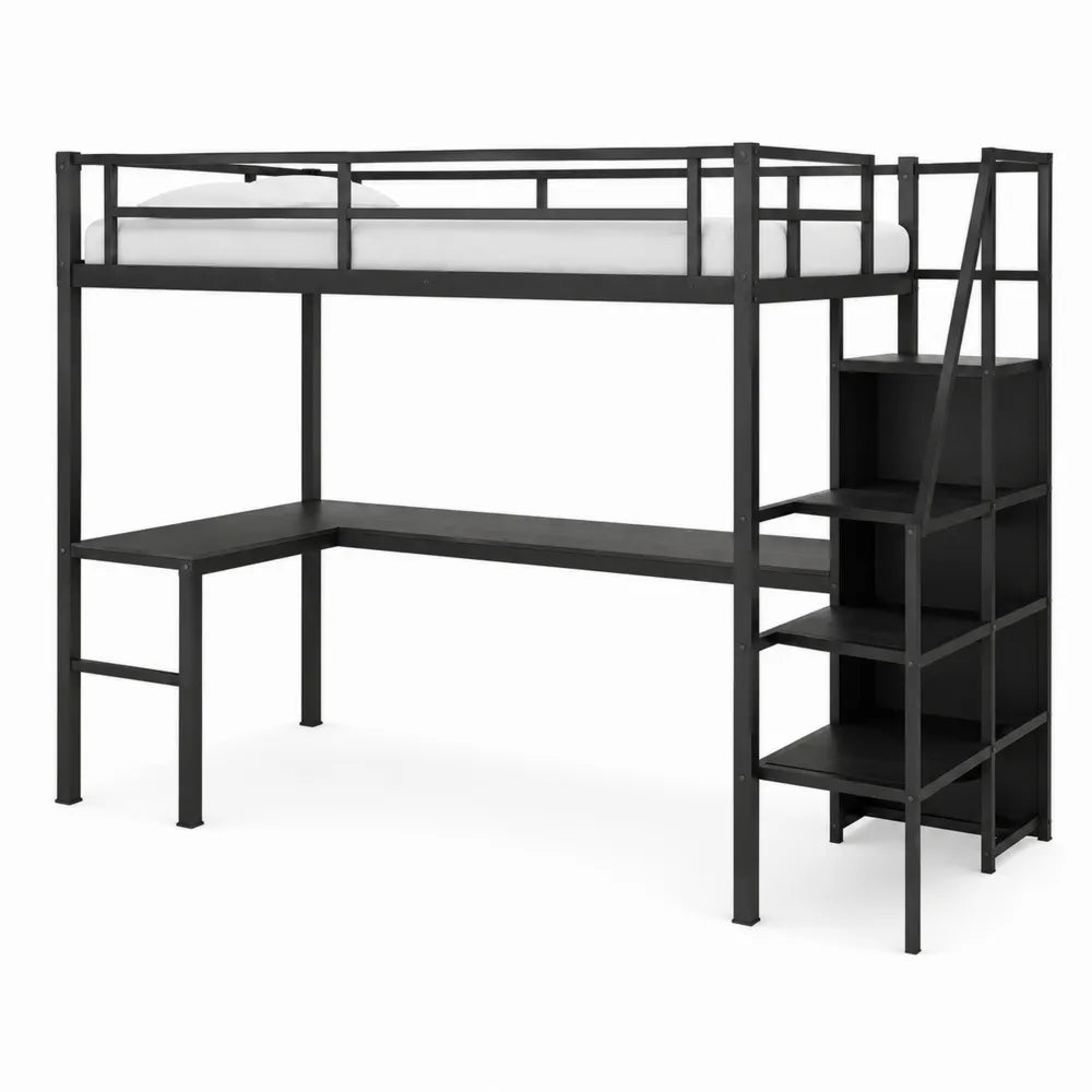 Steel Loft Bed Frame with Desk and Stairs Black