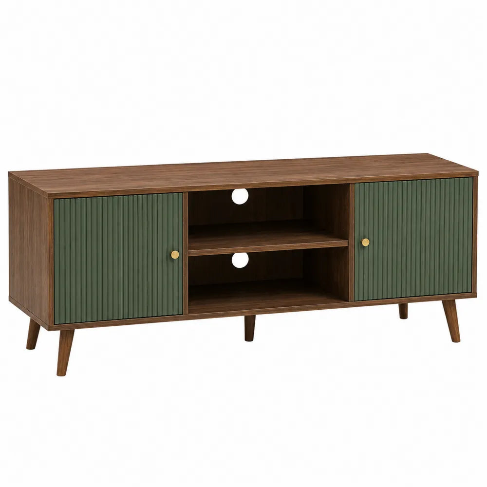 Wood TV Stand with Green Paneled Doors and Shelves 150cm