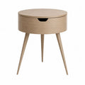 Round Oak Wood Nightstand with Drawer