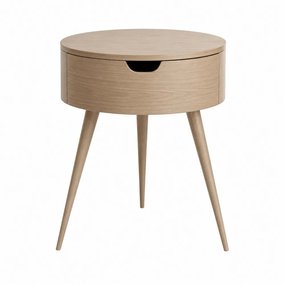 Round Oak Wood Nightstand with Drawer