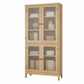 Tall Oak Veneer Cabinet with Ribbed Glass Paneled Doors