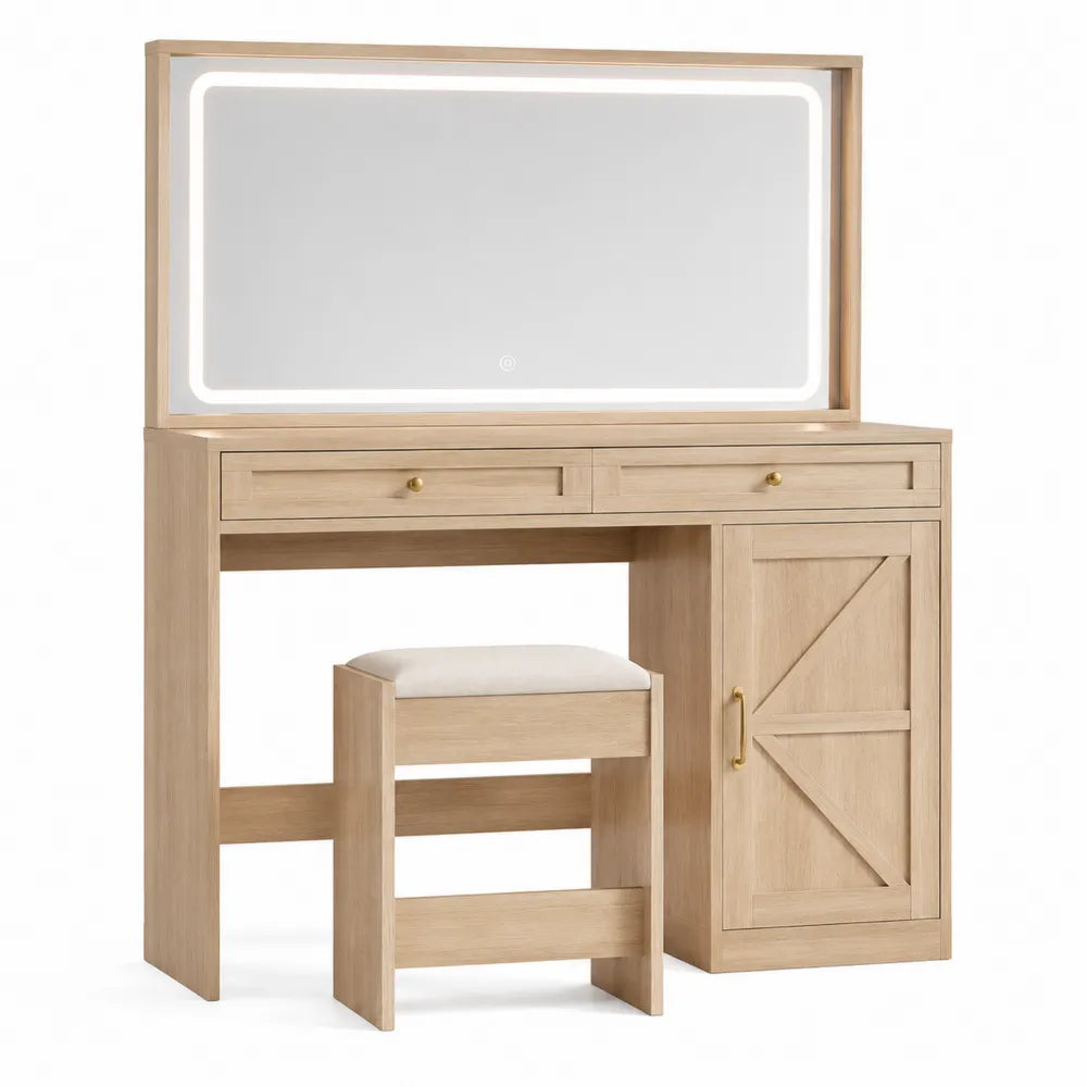 Oak Vanity Set with LED Mirror and Padded Stool