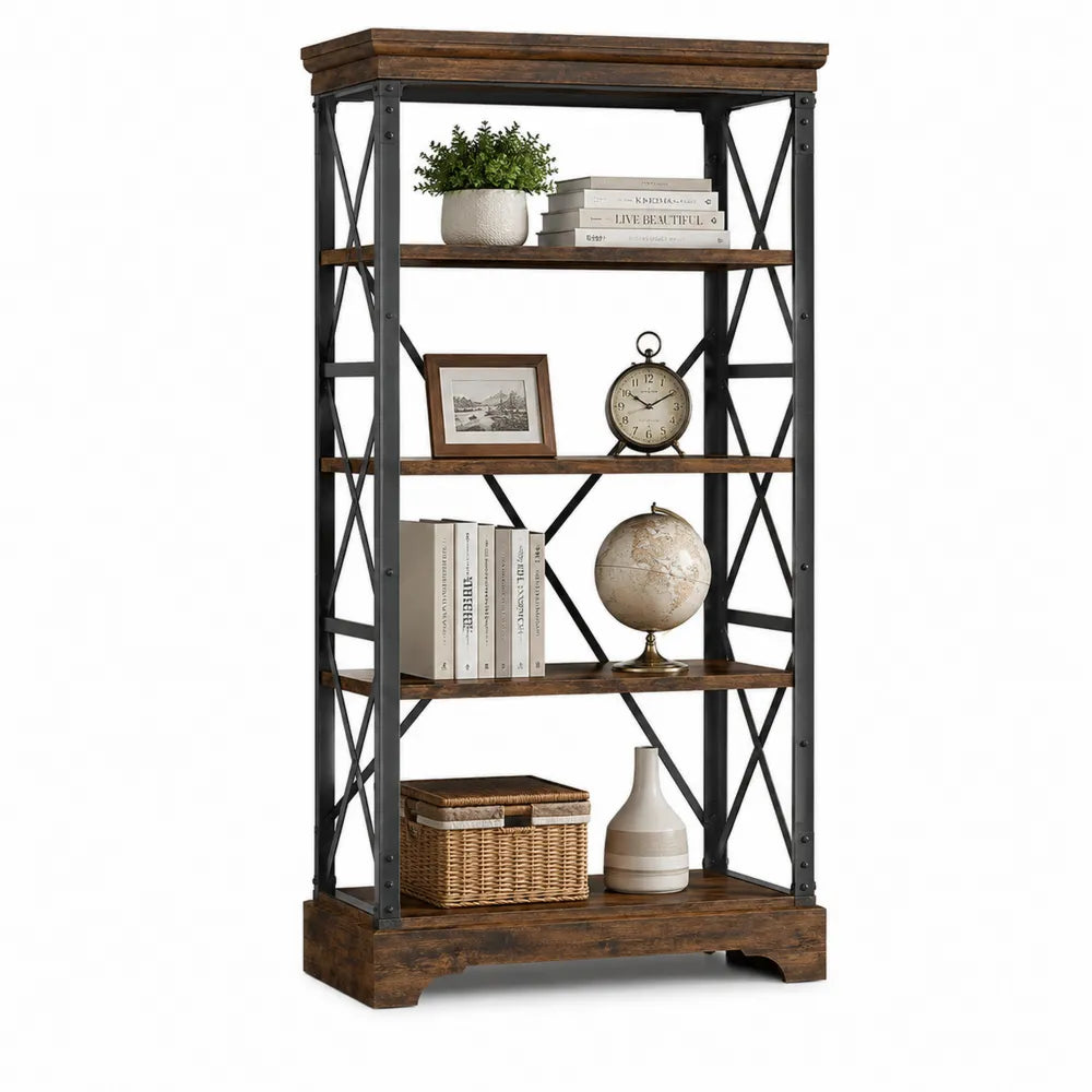 Wood Metal 4-Shelf Bookcase Brown Black 180cmx90cmx40cm