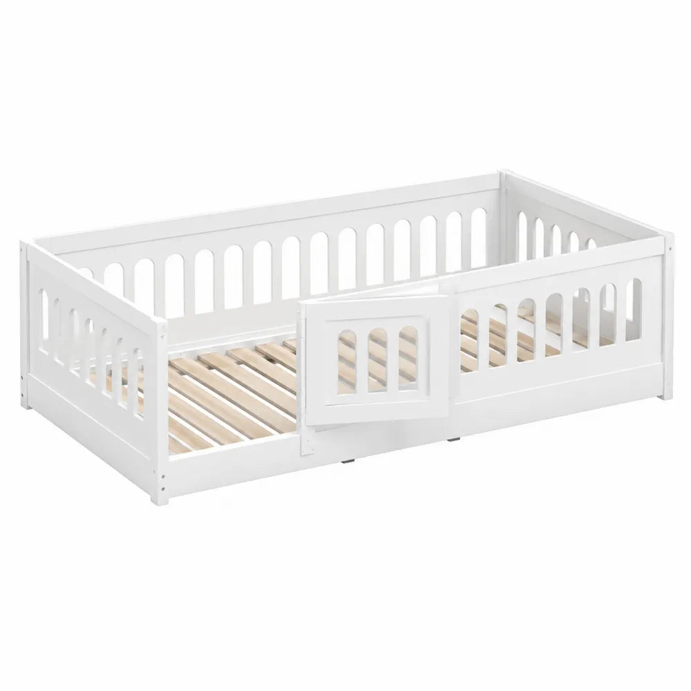 Wood Toddler Bed with Guard Rails and Gate 144x76x64 cm White
