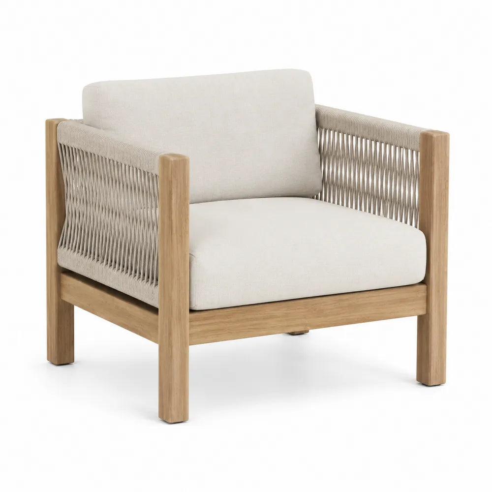 Beige Rope & Teak Outdoor Chair with Cushions