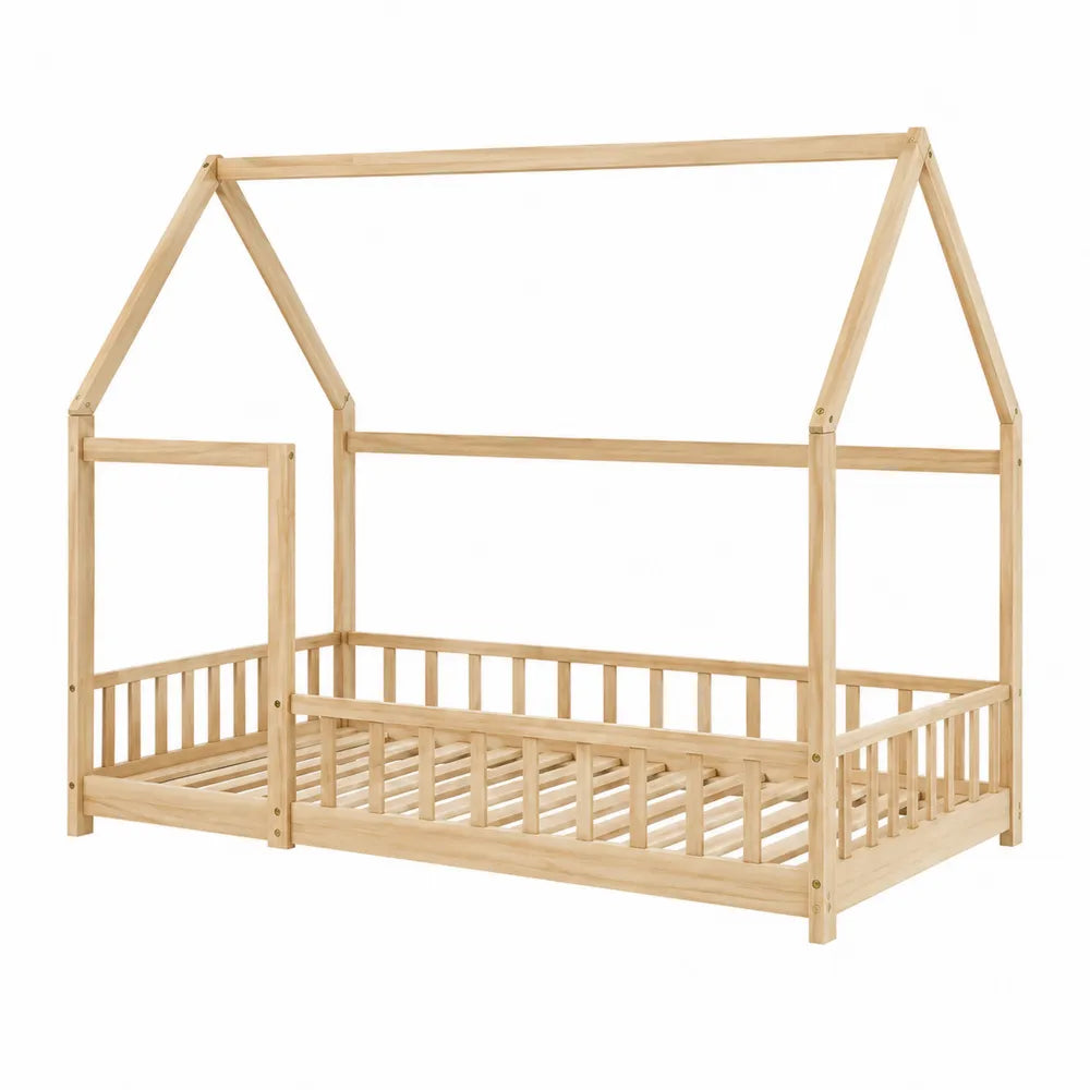 Wooden House Bed Frame Solid Pine Natural Finish 200x90x150 cm