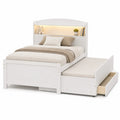 White Wood Twin Bed with Trundle and LED Headboard