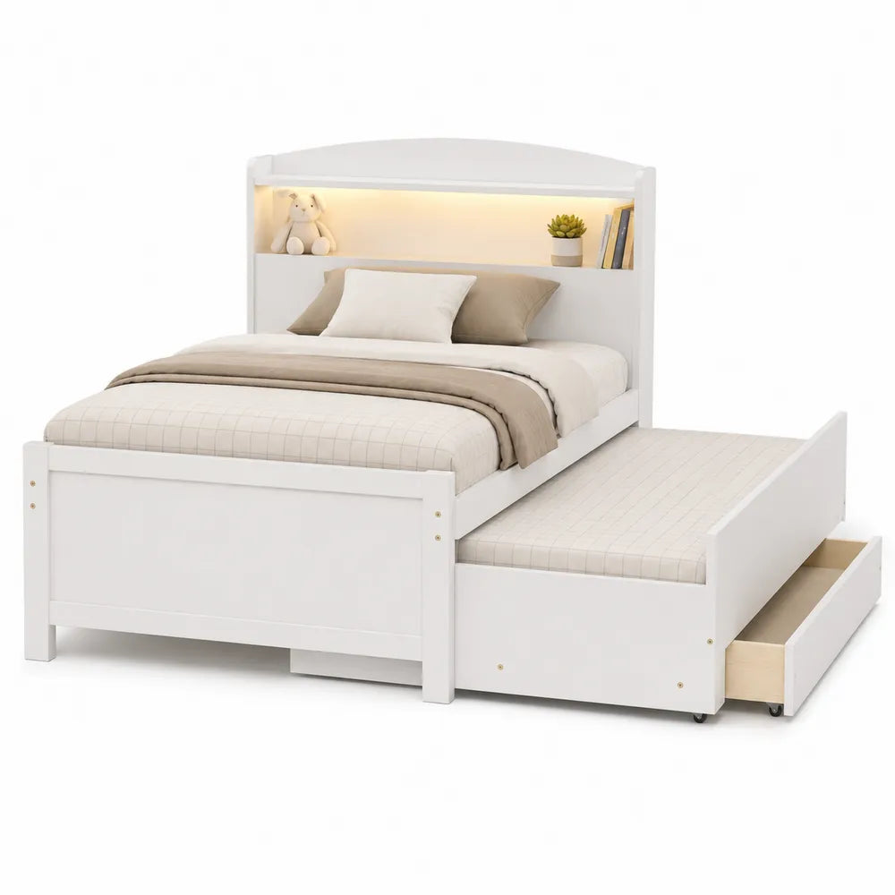 White Wood Twin Bed with Trundle and LED Headboard