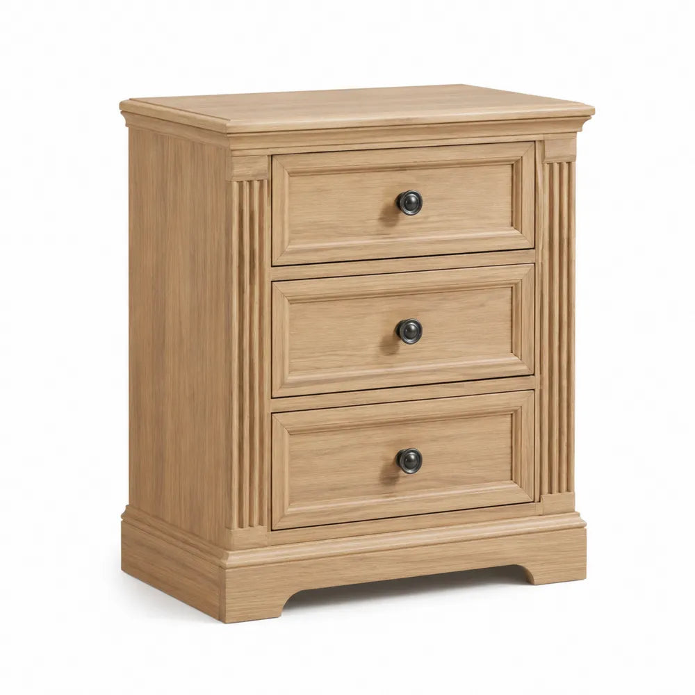 Wood Nightstand with 3 Drawers Oak Finish 66cm High