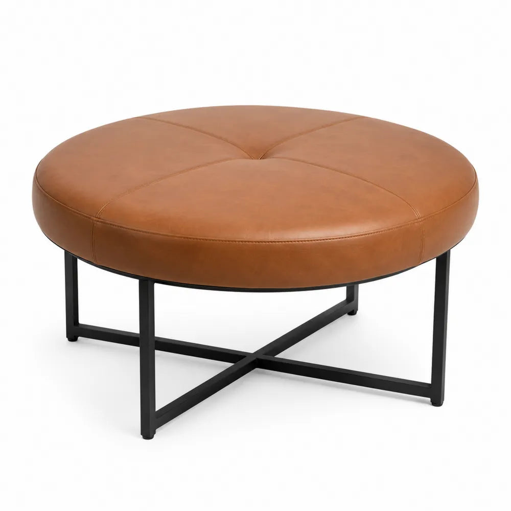 Round Faux Leather Ottoman Coffee Table with Metal Legs, Brown, 80cm Diameter