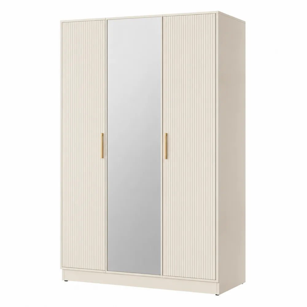3-Door MDF Wardrobe with Mirror Beige 150x60x200 cm