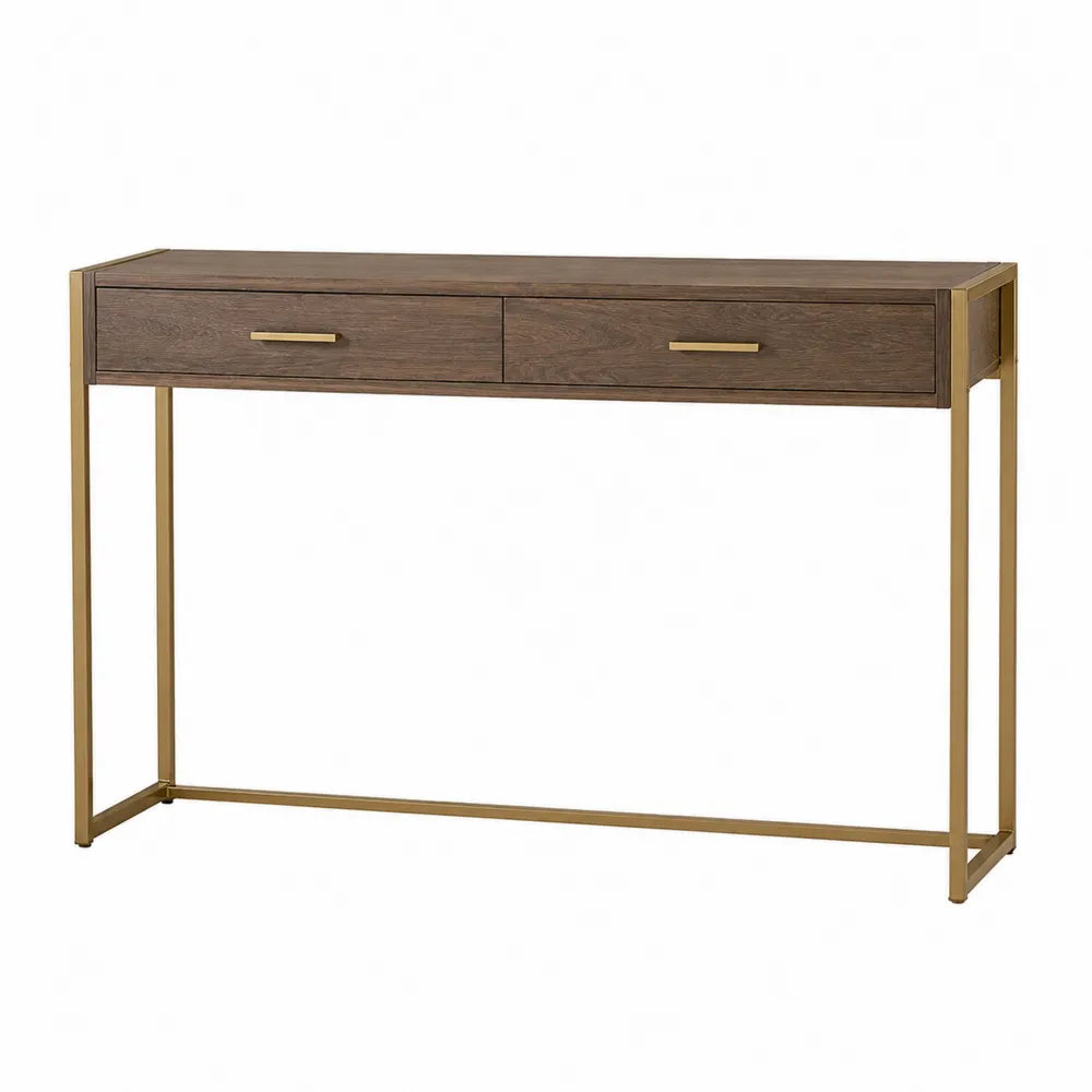 Wood Console Table with Metal Frame and Two Drawers, Brown 120cm
