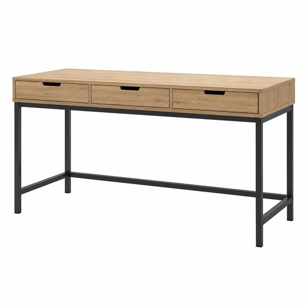 Oak and Metal Desk with 3 Drawers