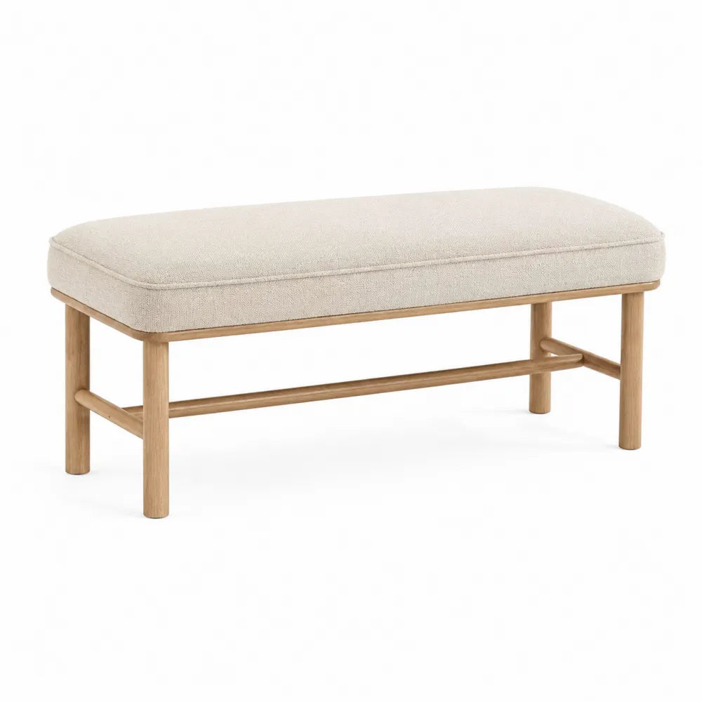 Bench with Oak Frame and Beige Fabric Upholstery