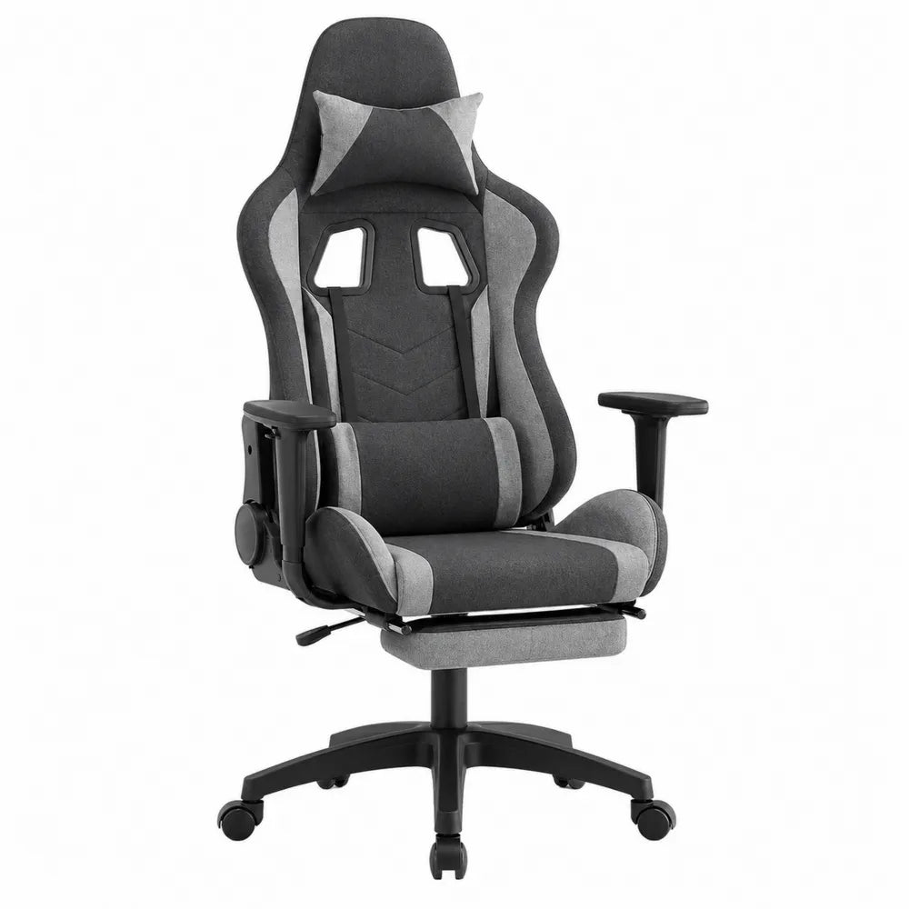 Ergonomic Gaming Office Chair Fabric Black/Grey Adjustable with Footrest