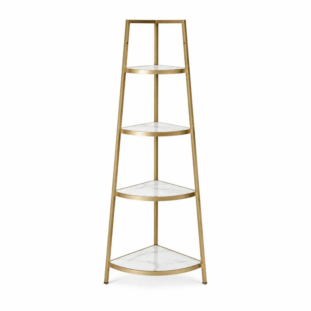 Metal Frame Corner Bookcase with Faux Marble Shelves Gold 180cm