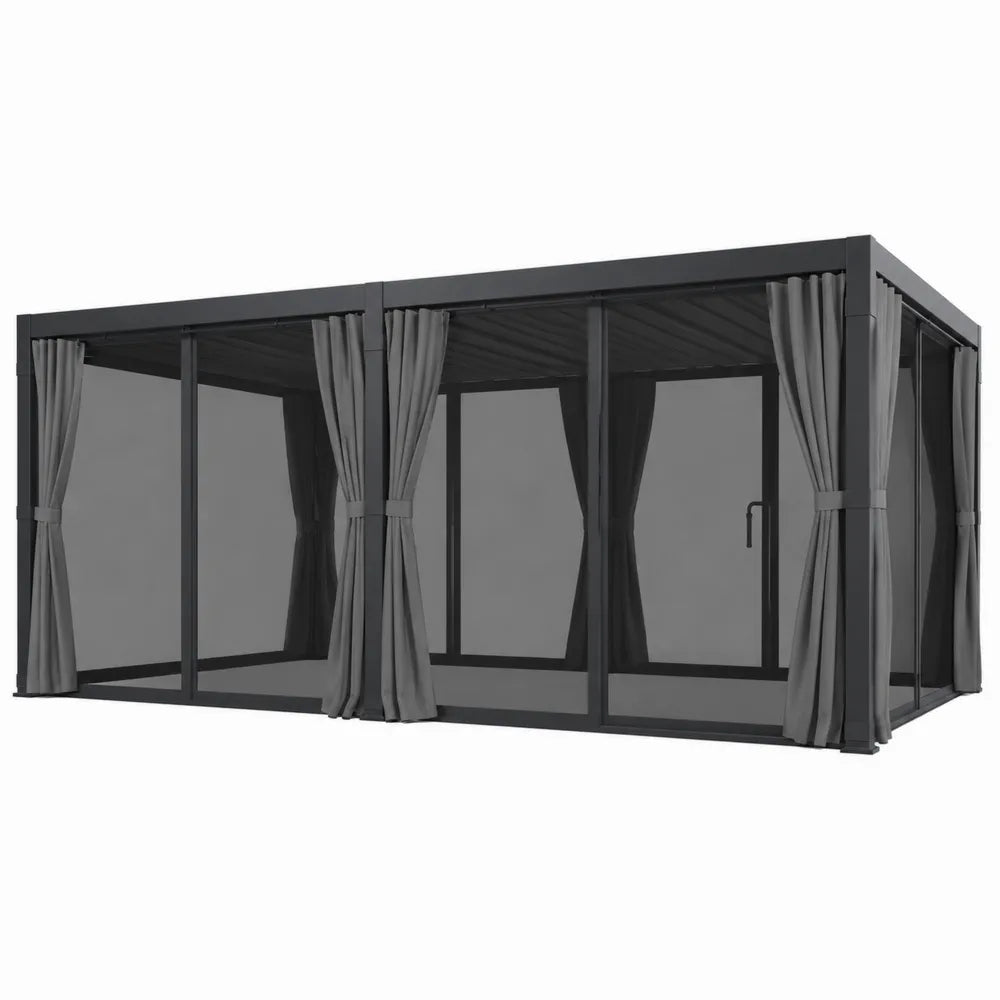Rectangular Aluminum Gazebo with Polyester Curtains and Screens Black 300x400 cm
