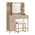 Wood Vanity Set with Mirror Lights and Stool 6 Drawers Light Oak