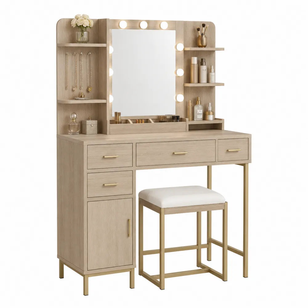 Wood Vanity Set with Mirror Lights and Stool 6 Drawers Light Oak
