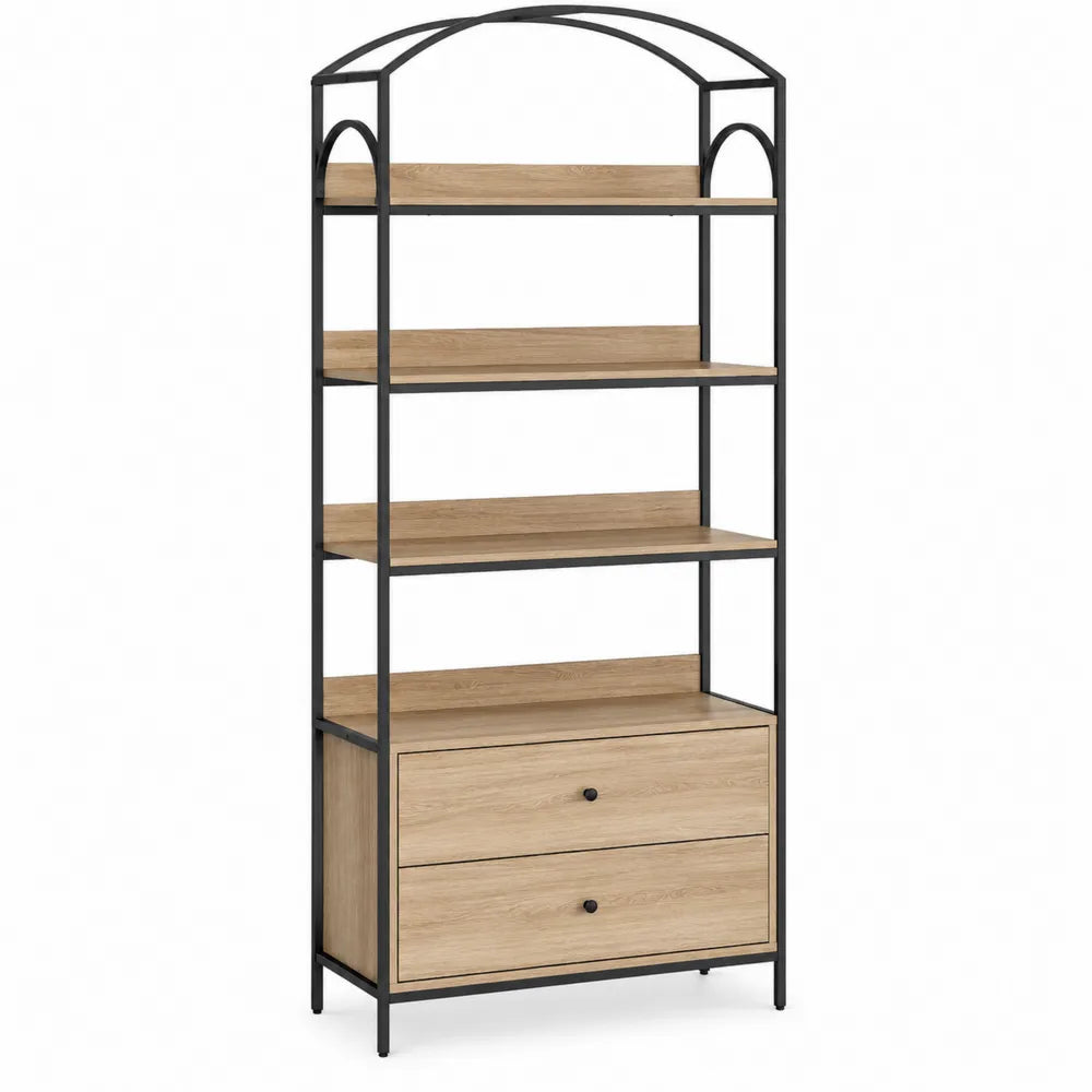 Metal and Wood Bookcase with 4 Shelves and 2 Drawers