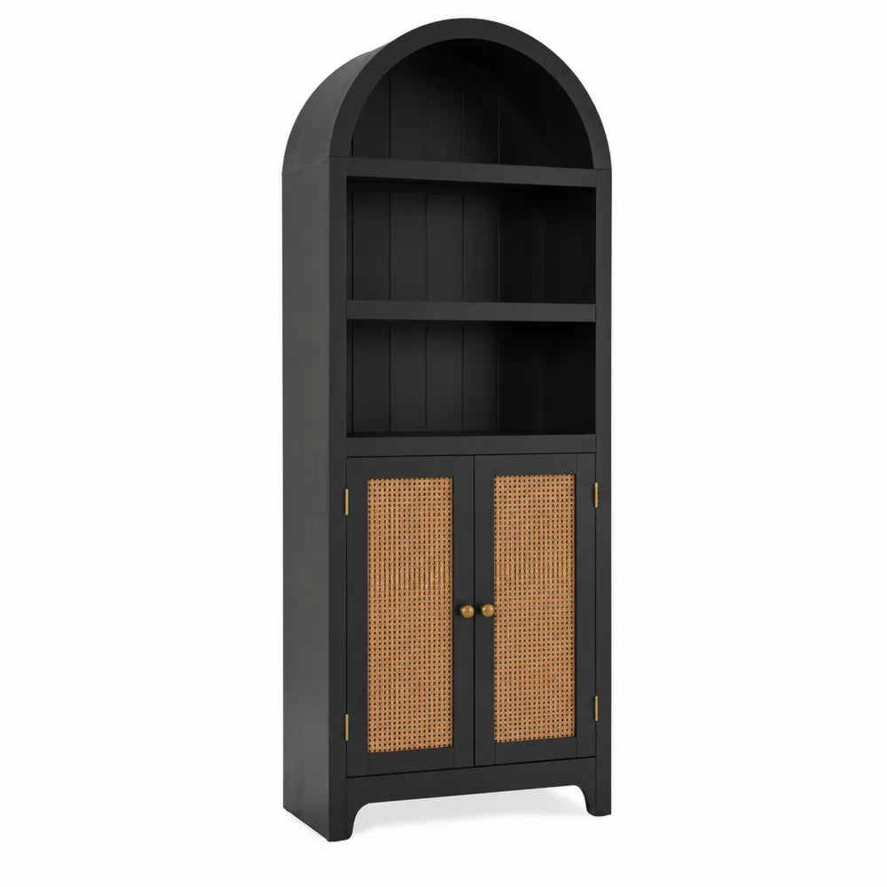 Black Arched Bookcase with Rattan Doors, 180cm x 80cm x 30cm
