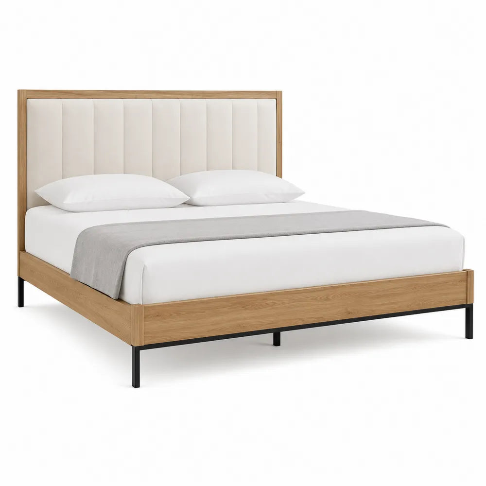 King Size Bed with Oak Veneer and Upholstered Headboard